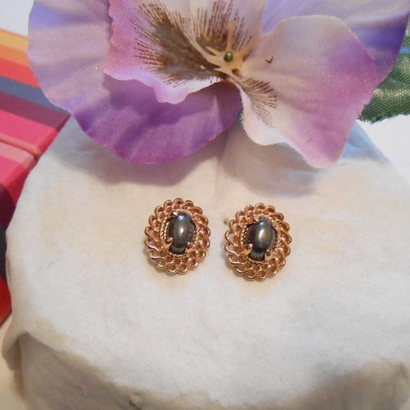 Gold Overlay & Hematite Post Back Earrings - Picture 2 of 4